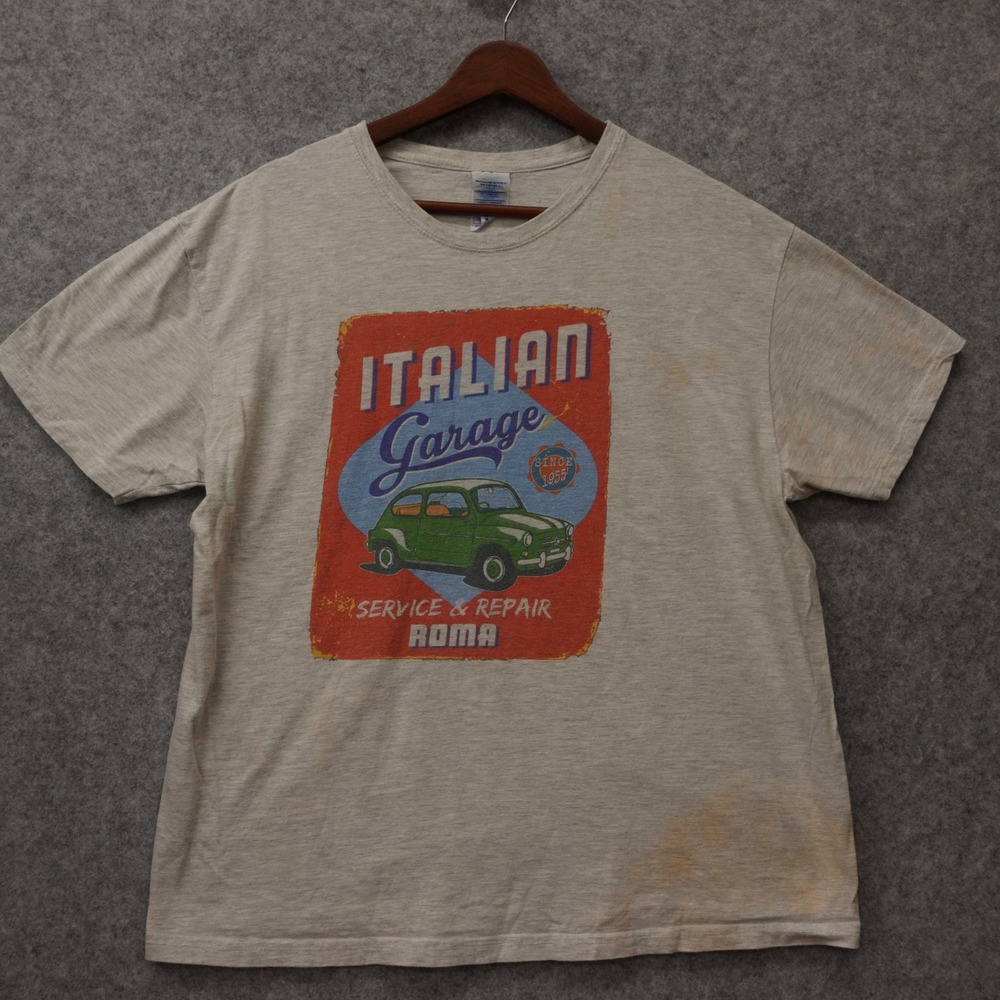 Vintage Italian Garage T Shirt Mens M Gray Fiat 500 Car Repair ROMA Retro Grunge